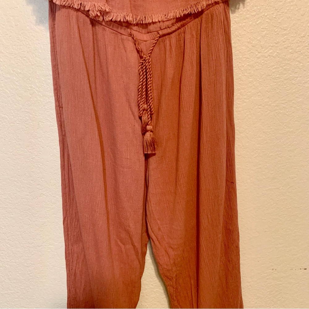 Aerie Strapless Jumpsuit Boho Crinkle Gauze Jogger Dusty Rose Size Small - Picture 5 of 10